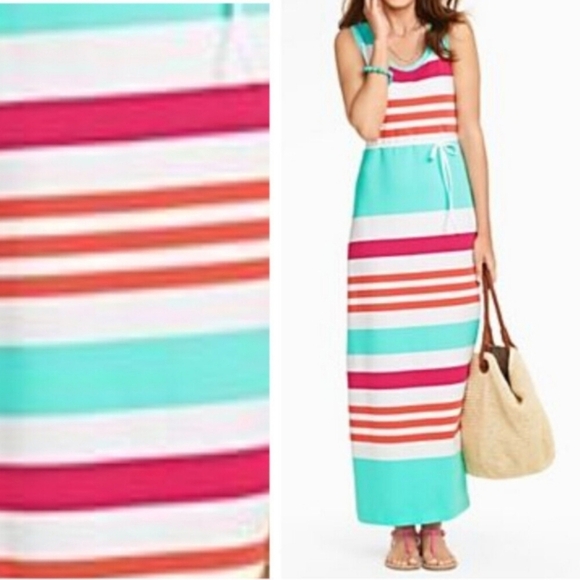 TALBOTS Maxi Striped Stretchy Jersey Dress‎ Waist Tie Multi-colored Women Size S - Picture 1 of 14